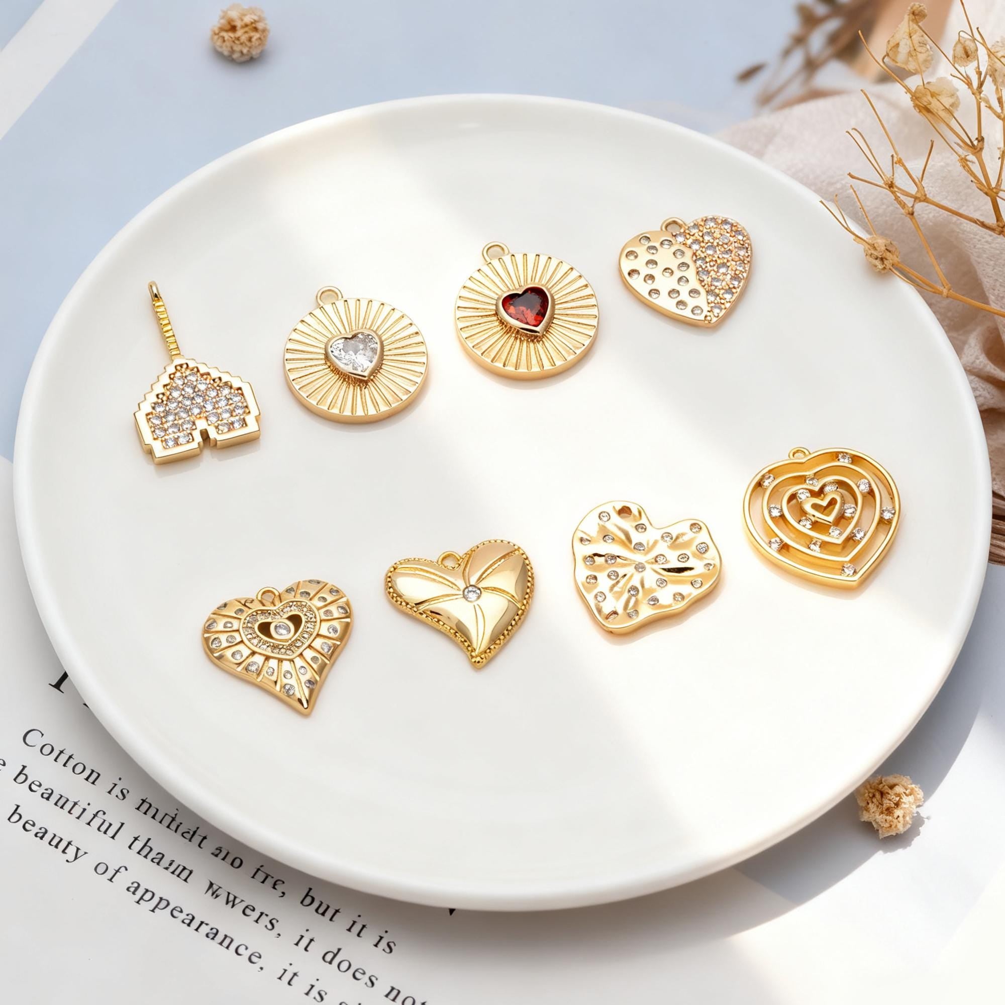 4pcs CZ Pave Gold Heart Charms , 18K Gold plated Brass, Dainty Heart Pendants (GB-4409)